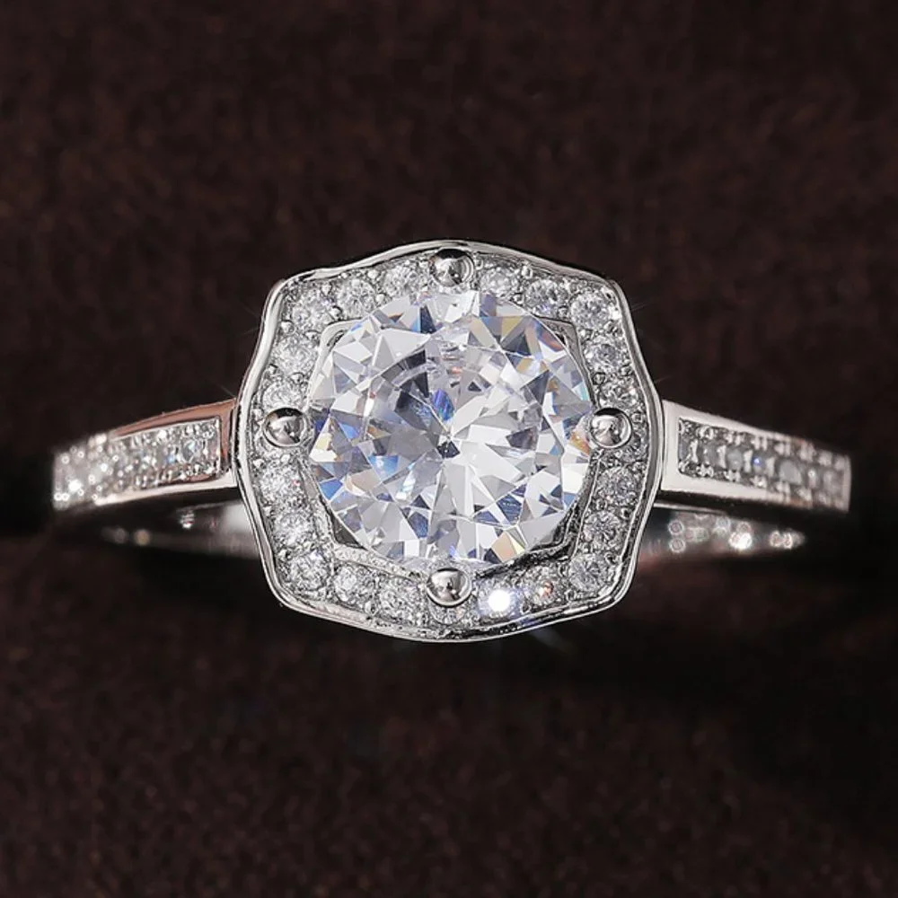 😍Engagement Hollow Anillos Sparkling Round CZ Dainty Silver Rings, L133